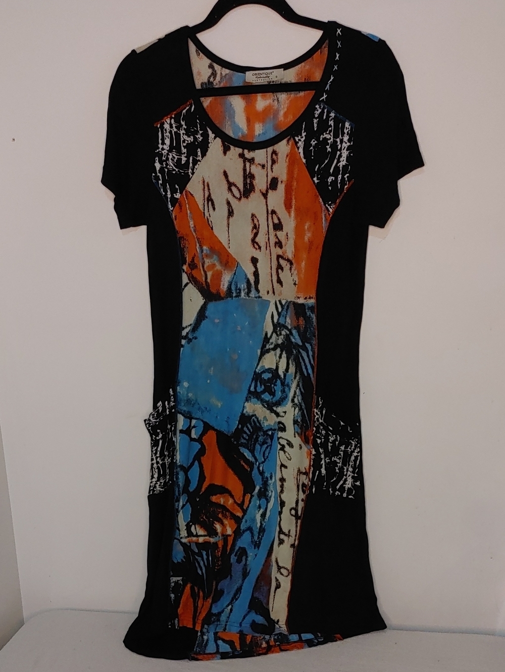 Boho Patchwork Print Short Sleeve Dress - Black with Blue‎ & Orange W Pockets